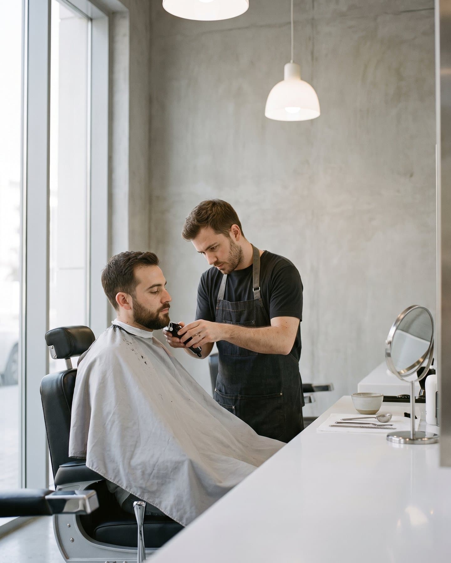 Barber trimming a client's beard