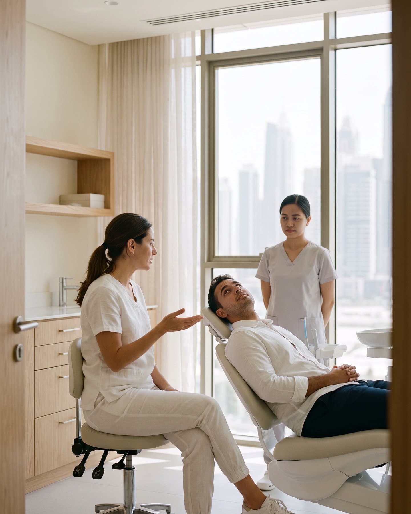 Dentist talking with a patient in a bright Dubai clinic