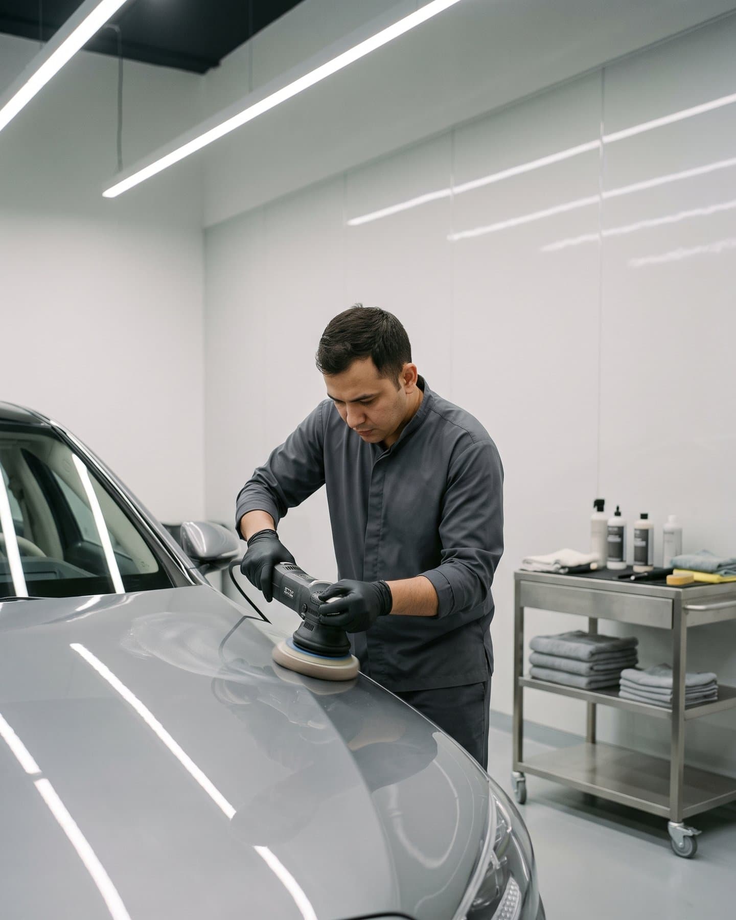 Car detailer polishing a car